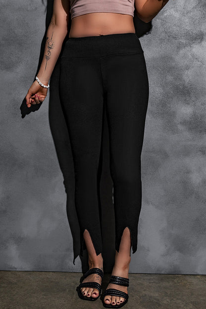 Black Rib Knit High Waist Slit Leggings - LA Grand