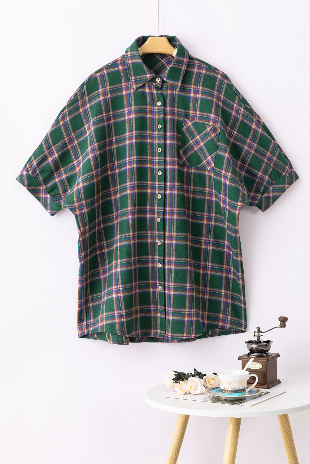 Green Oversized Plaid Half Sleeve Tunic Shirt - LA Grand