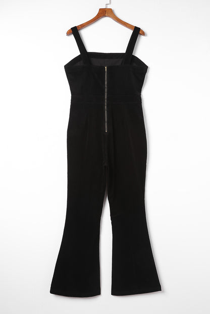 Black Sleeveless Buttoned Bodice Wide Leg Corduroy Jumpsuit - LA Grand