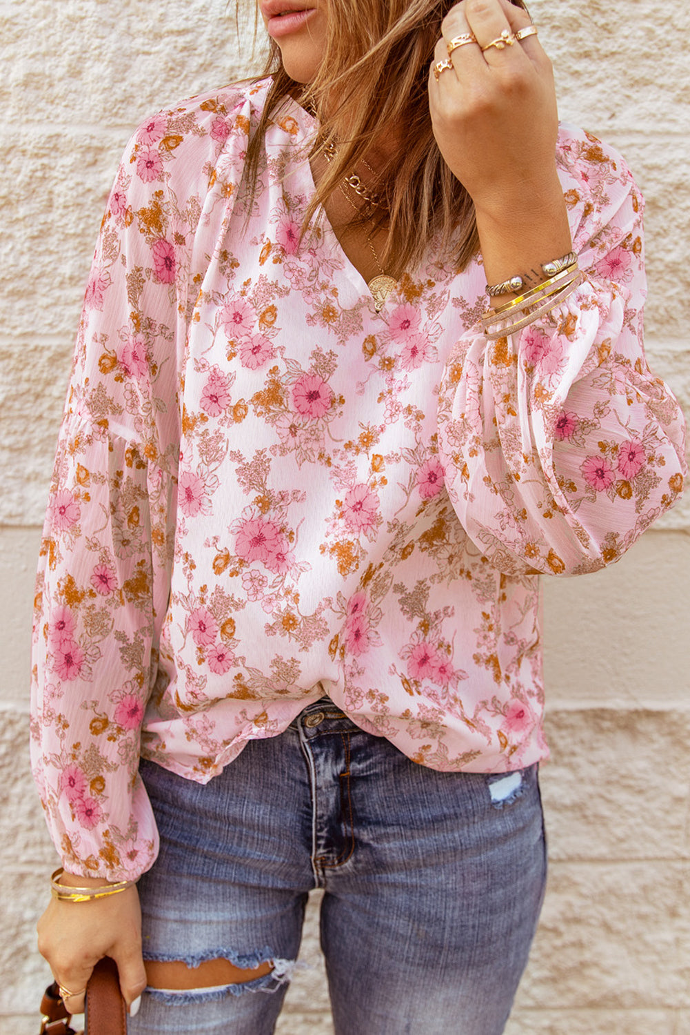 White Floral Print V Neck Long Puff Sleeve Top - LA Grand