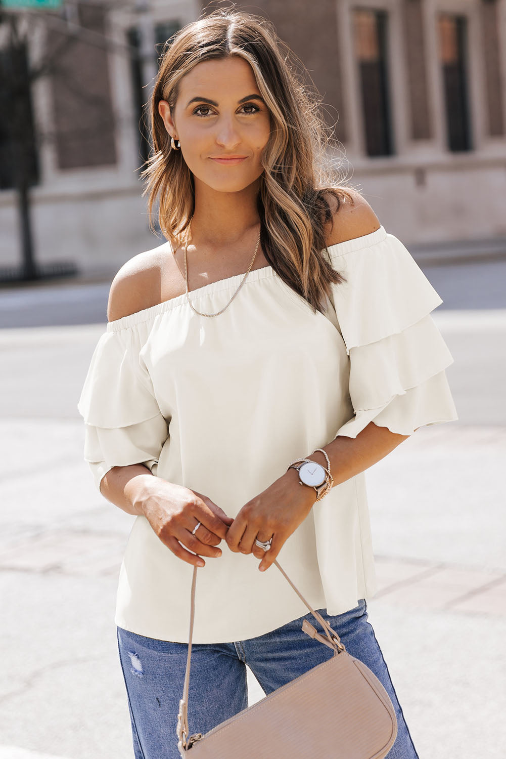 Apricot Tiered Ruffled Half Sleeve Off Shoulder Blouse - LA Grand