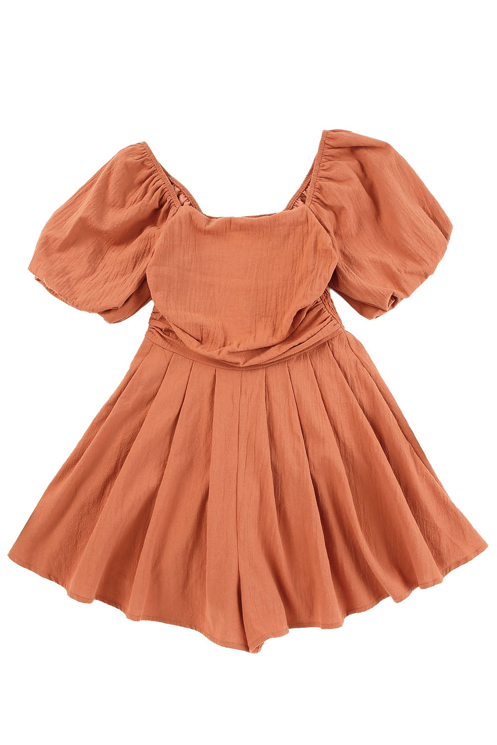 Brown Square Neck Ruched Puff Sleeve Romper - LA Grand