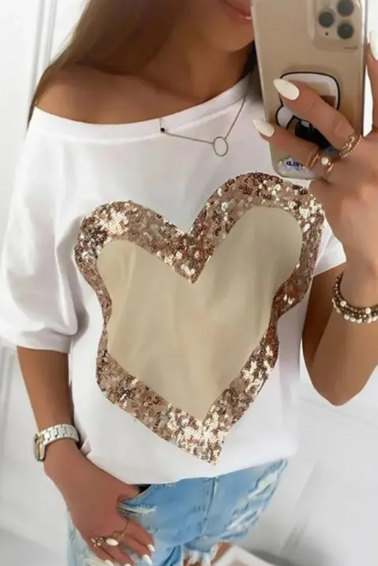 White Valentine's Day Sequined Heart Crew Neck Short Sleeve Top - LA Grand