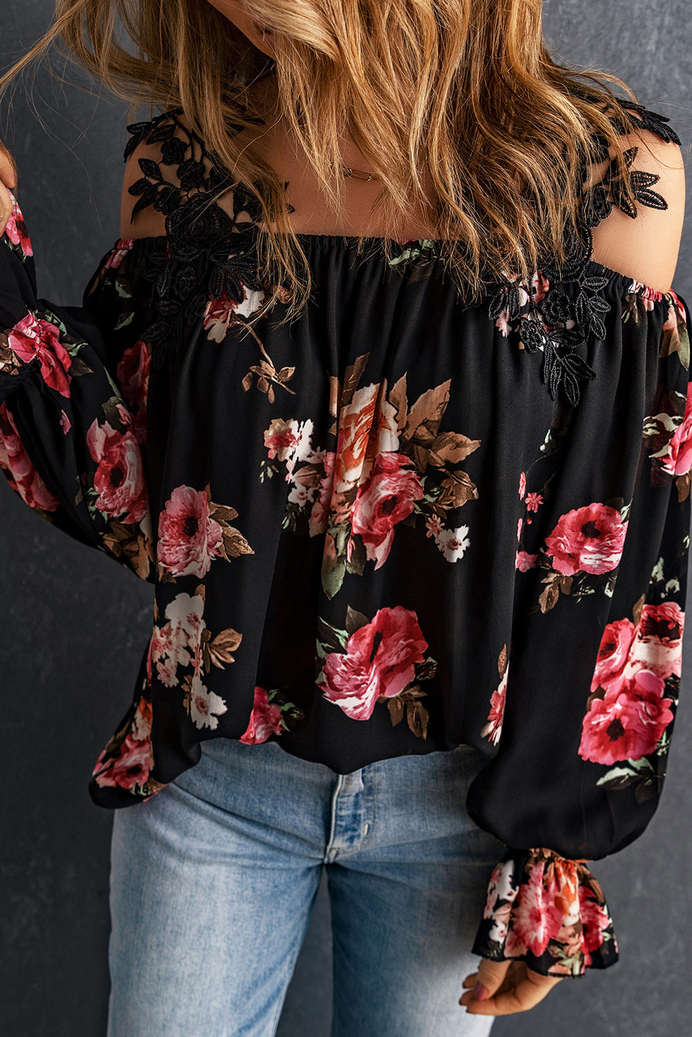 Black Floral Print Lace Patchwork Loose Cold Shoulder Blouse - LA Grand