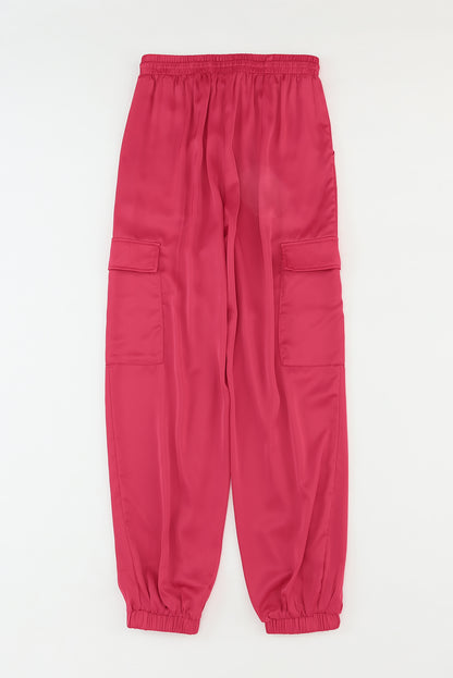 Rose Satin Pocketed Drawstring Elastic Waist Pants - LA Grand