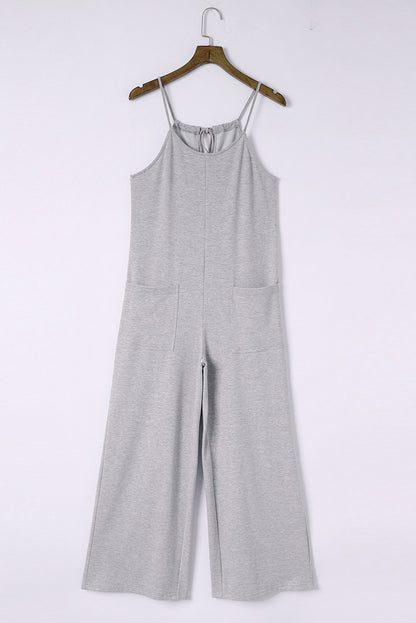 Gray Patch Pockets Spaghetti Strap Wide Leg Jumpsuit - LA Grand