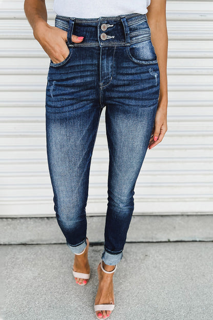 Blue Vintage Washed Two-button High Waist Skinny Jeans - LA Grand