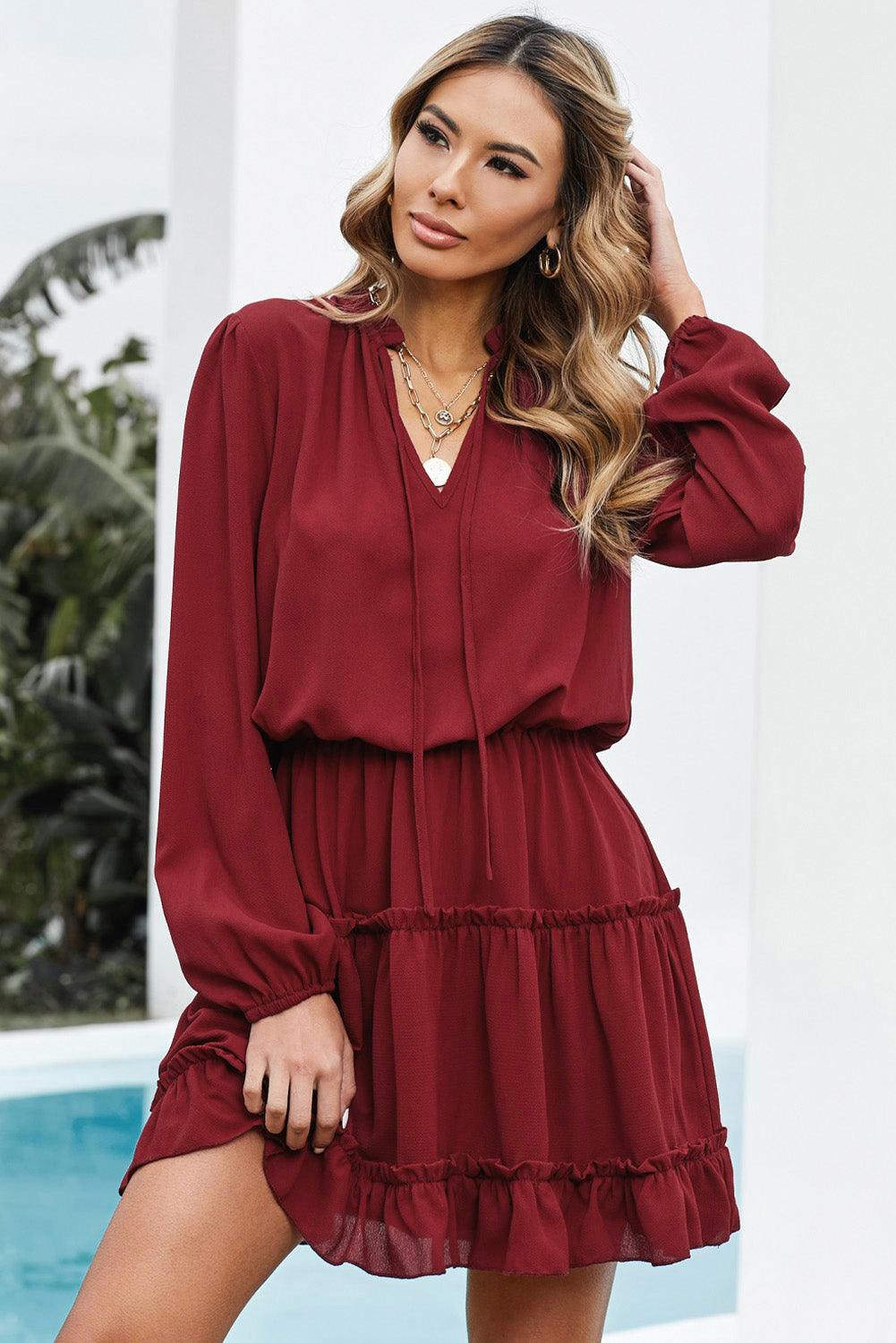 V Neck Long Sleeve Ruffle Tiered Mini Dress - LA Grand