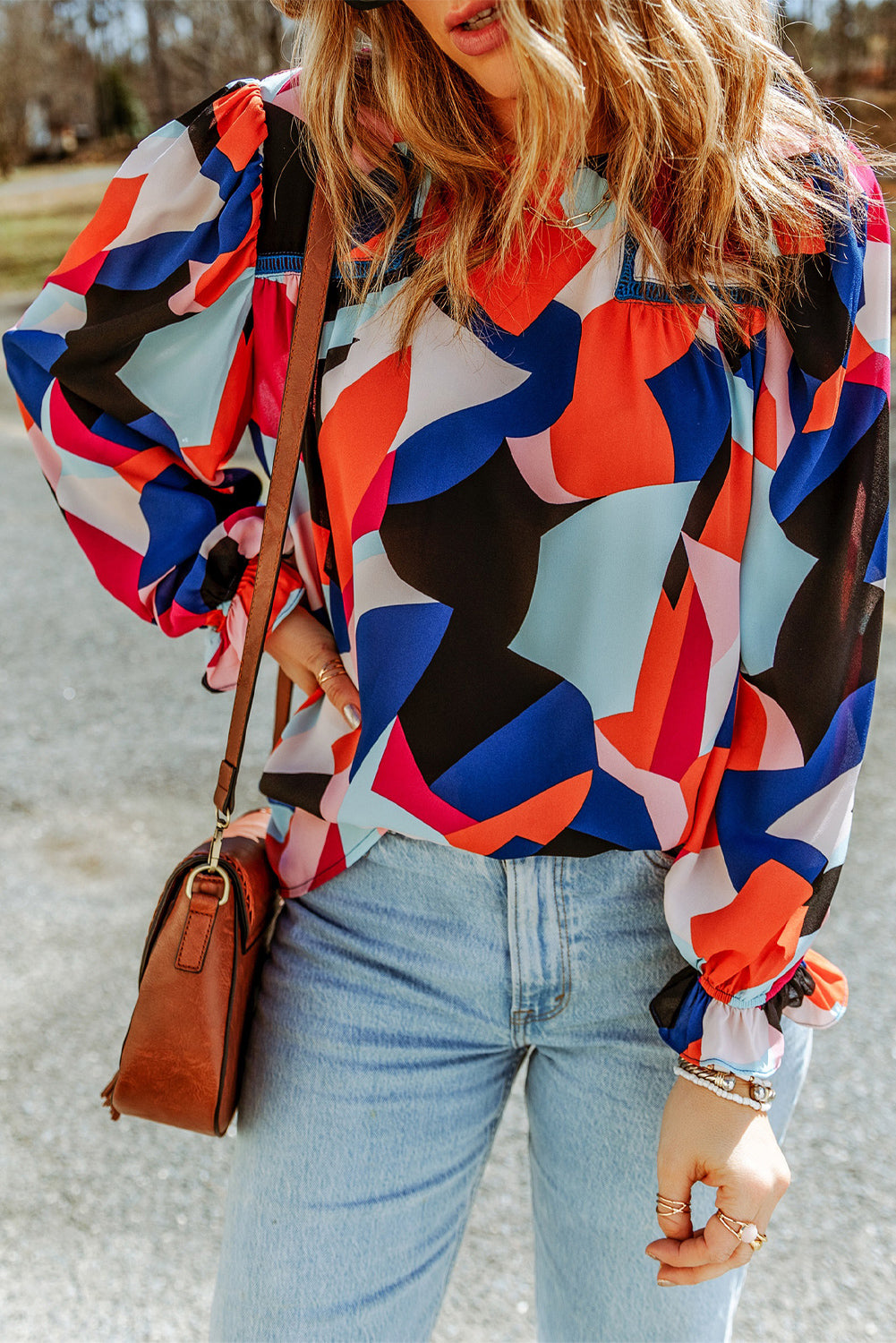 Abstract Pattern Crewneck Ruffled Puff Sleeve Blouse - LA Grand