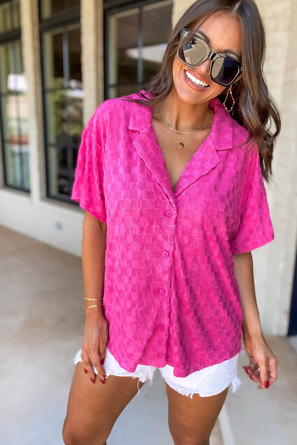 Bright Pink Lapel Neck Checkered Textured Short Sleeve Shirt - LA Grand