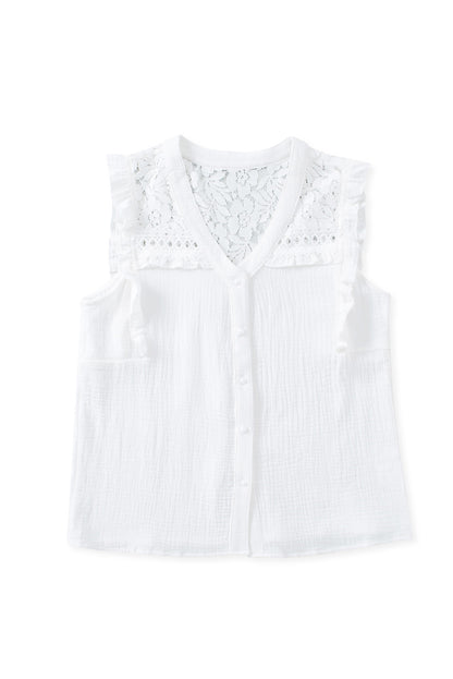 White Floral Lace Crochet Textured Sleeveless Shirt - LA Grand