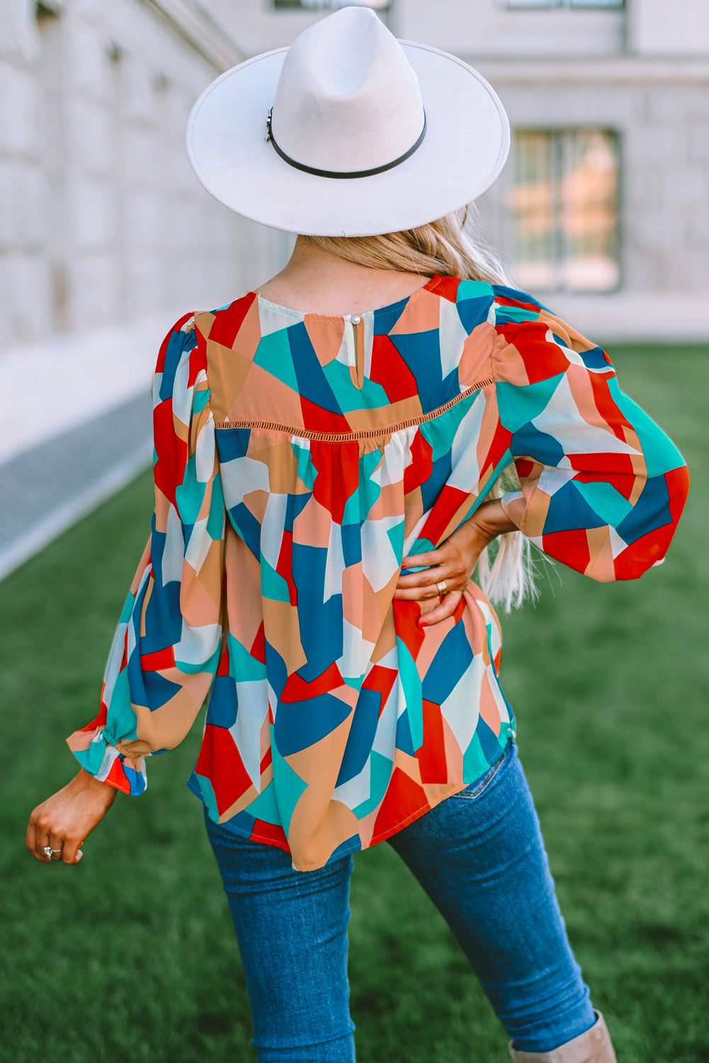 Abstract Pattern Crewneck Ruffled Puff Sleeve Blouse - LA Grand