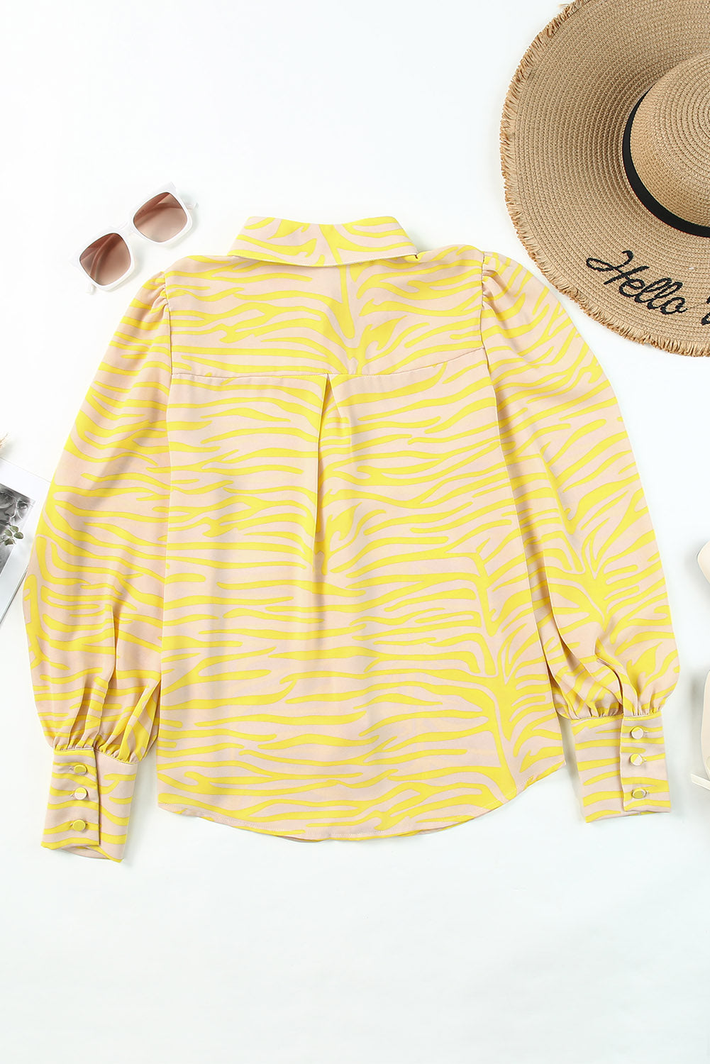 Yellow Zebra Stripes Print Lantern Sleeve Shirt - LA Grand