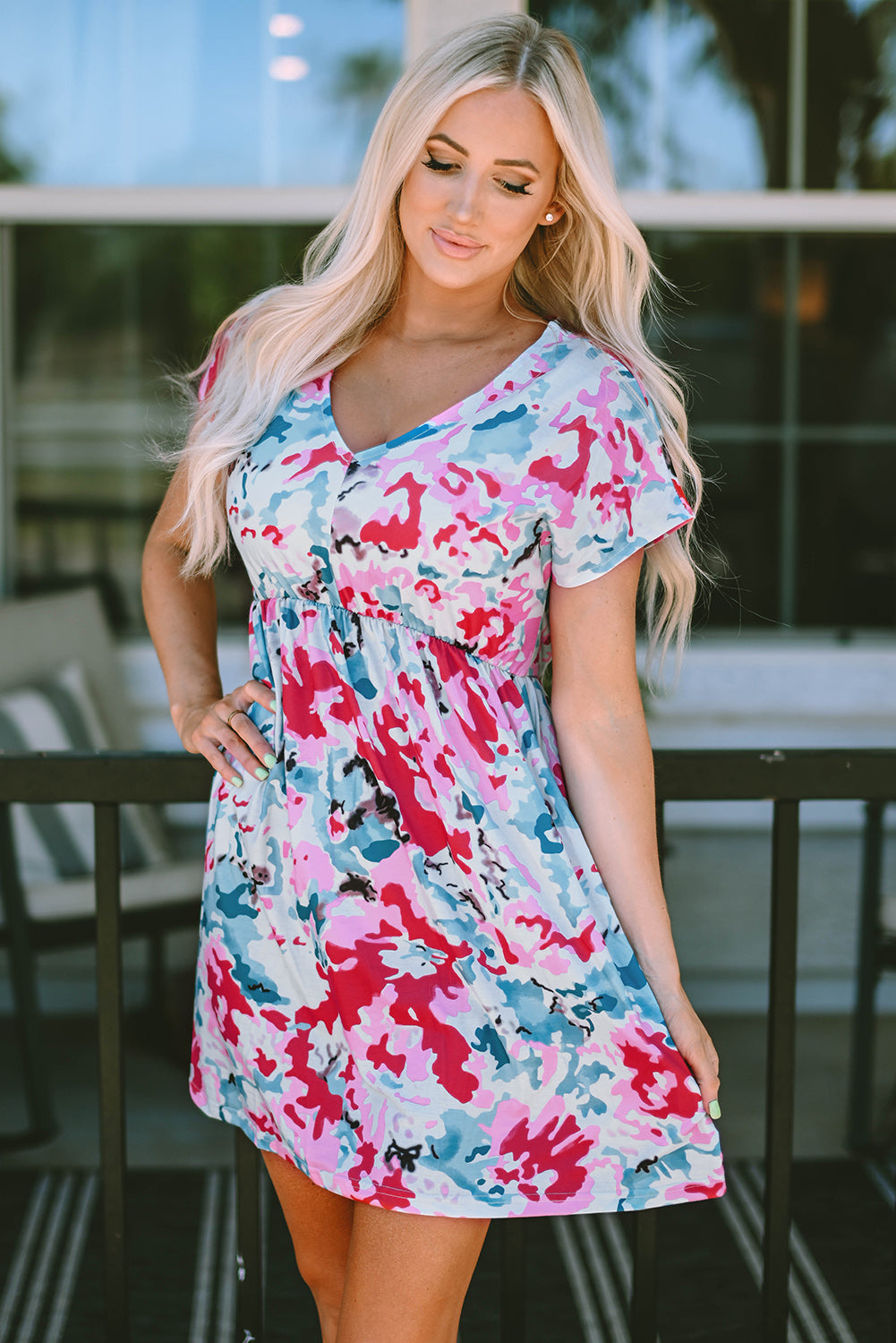 Fiery Red V Neck Short Sleeve Floral Dress - LA Grand