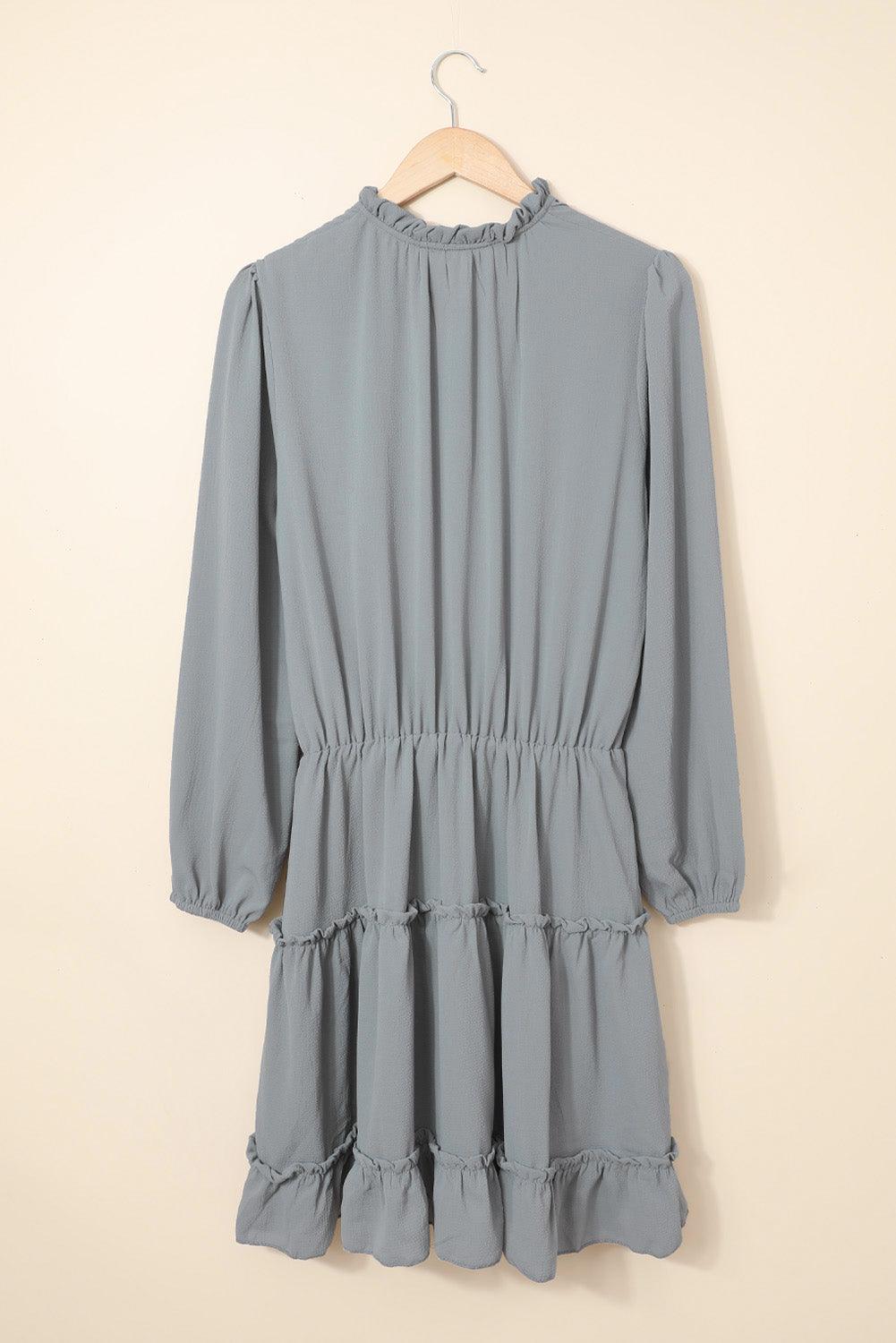 Dove Gray V-Neck Ruffle Tiered Mini Dress with Long Sleeves - LA Grand