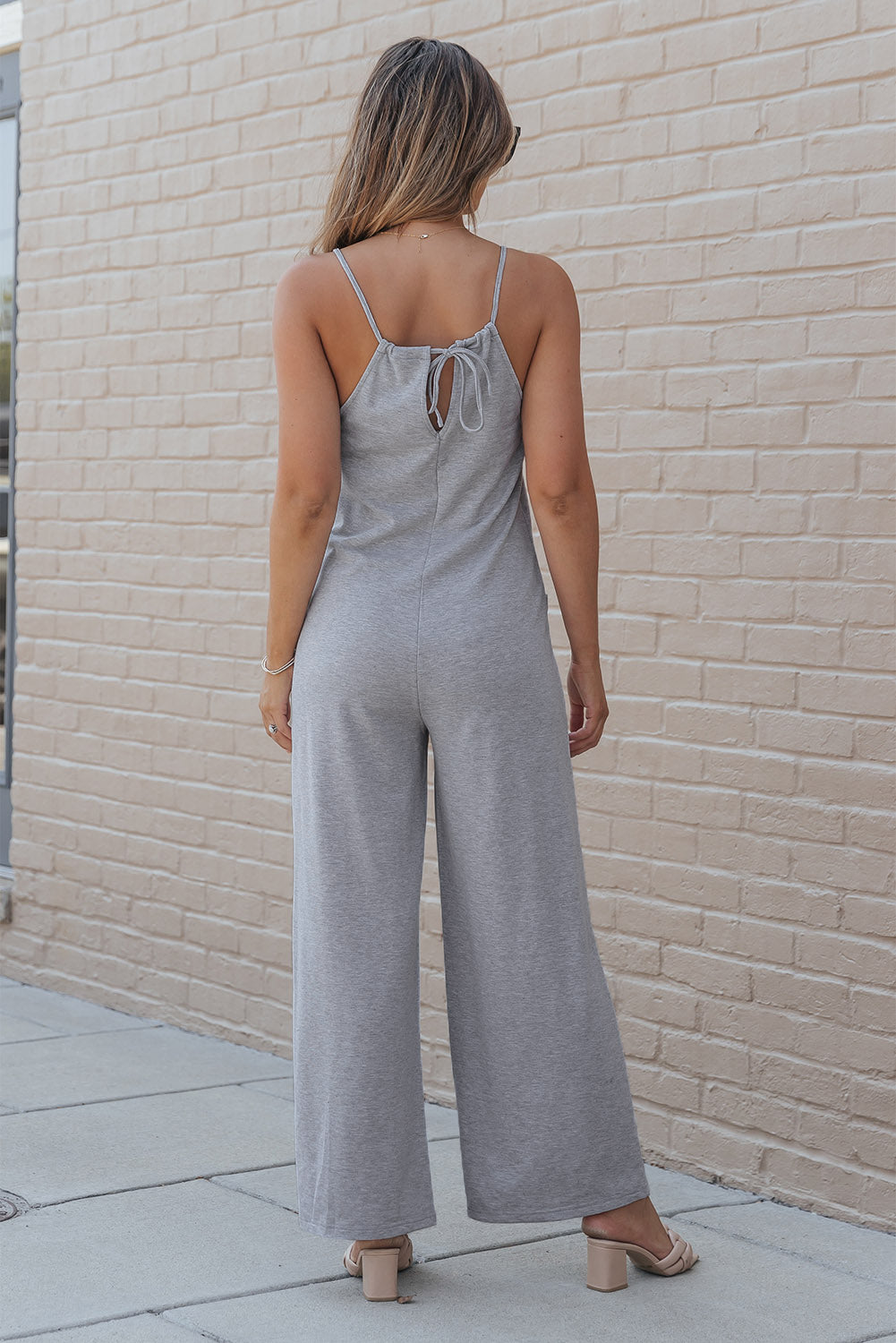 Gray Patch Pockets Spaghetti Strap Wide Leg Jumpsuit - LA Grand