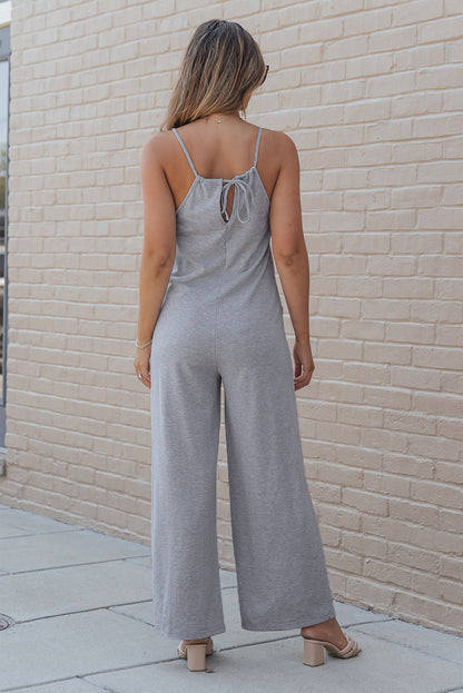 Gray Patch Pockets Spaghetti Strap Wide Leg Jumpsuit - LA Grand