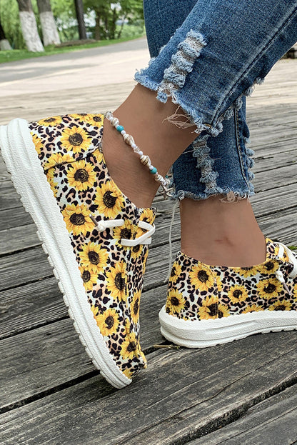 Yellow Sunflower Leopard Print Lace-up Decor Canvas Shoes - LA Grand