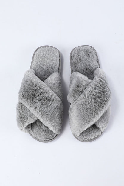 Gray Crossed Straps Winter Furry Slippers - LA Grand