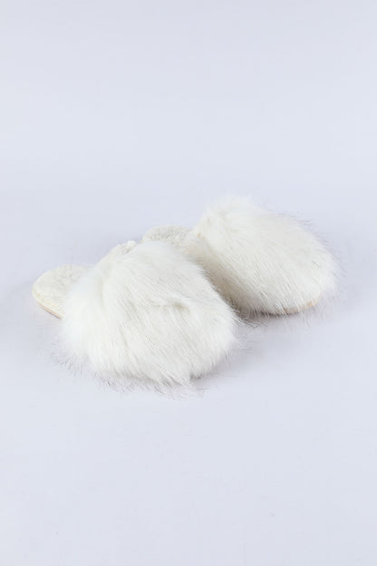 White Fuzzy Round Toe Home Slippers - LA Grand