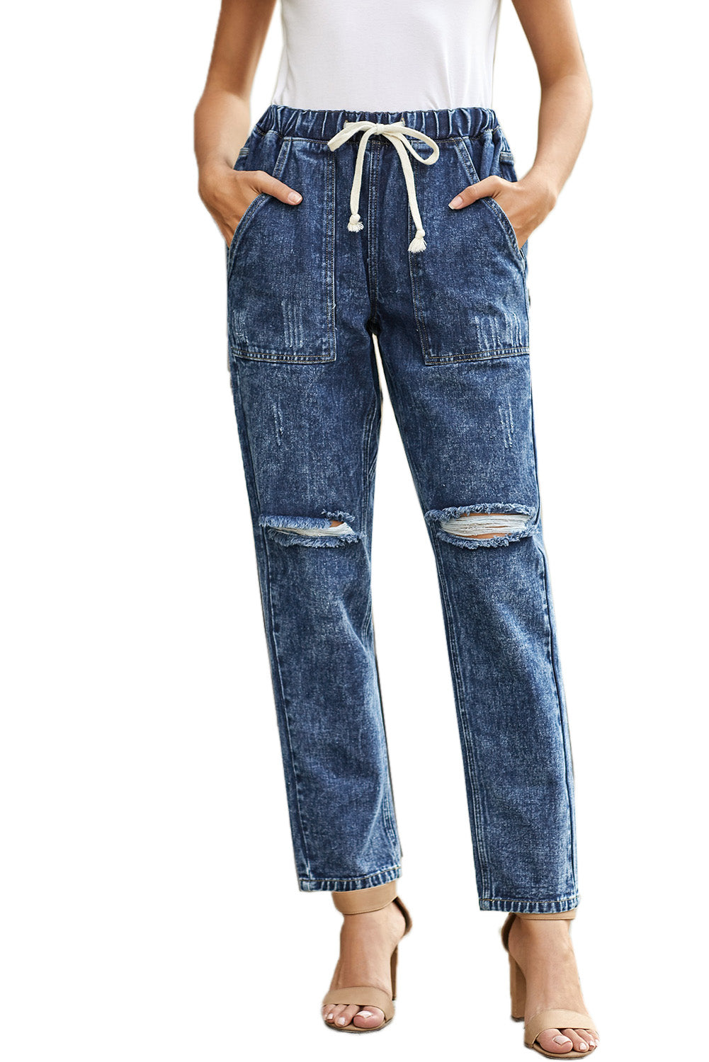 Sky Blue Gather Round Distressed Pocketed Denim Jogger - LA Grand