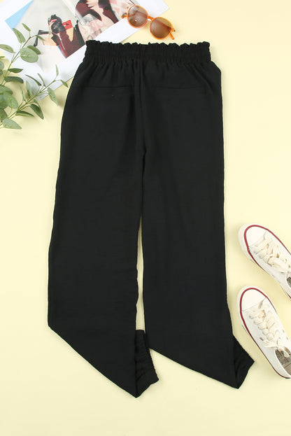 Black Solid Color Drawstring Smocked Waist Joggers - LA Grand