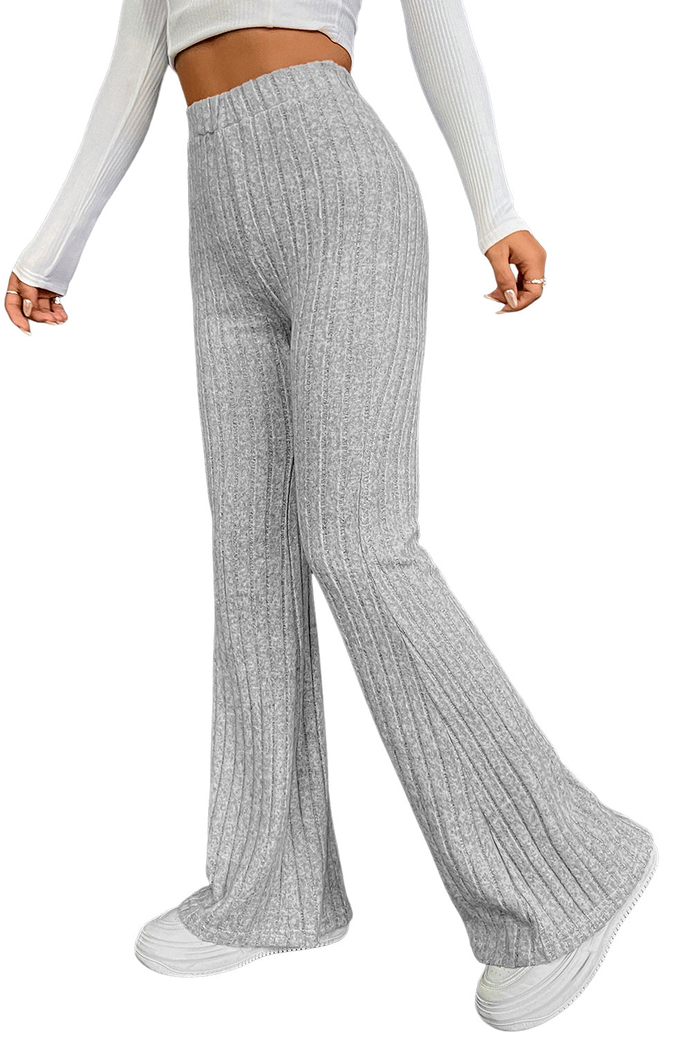 Gray Solid Color High Waist Ribbed Flare Pants - LA Grand