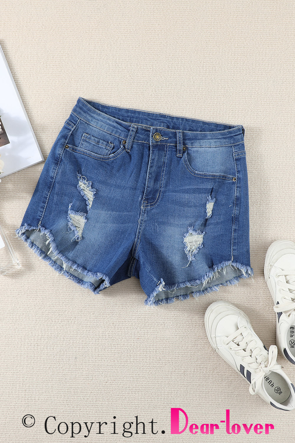 Light Blue Frayed Hem Denim Shorts - LA Grand