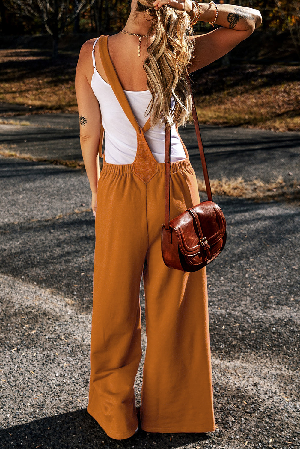 Brown Knotted Straps Patch Pocket Wide Leg Jumpsuit - LA Grand