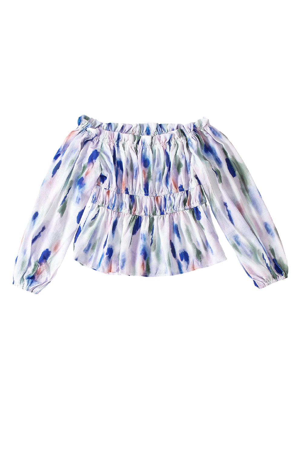 White Abstract Print Frill Off Shoulder Bubble Sleeve Blouse - LA Grand