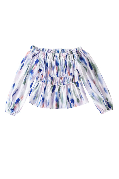 White Abstract Print Frill Off Shoulder Bubble Sleeve Blouse - LA Grand