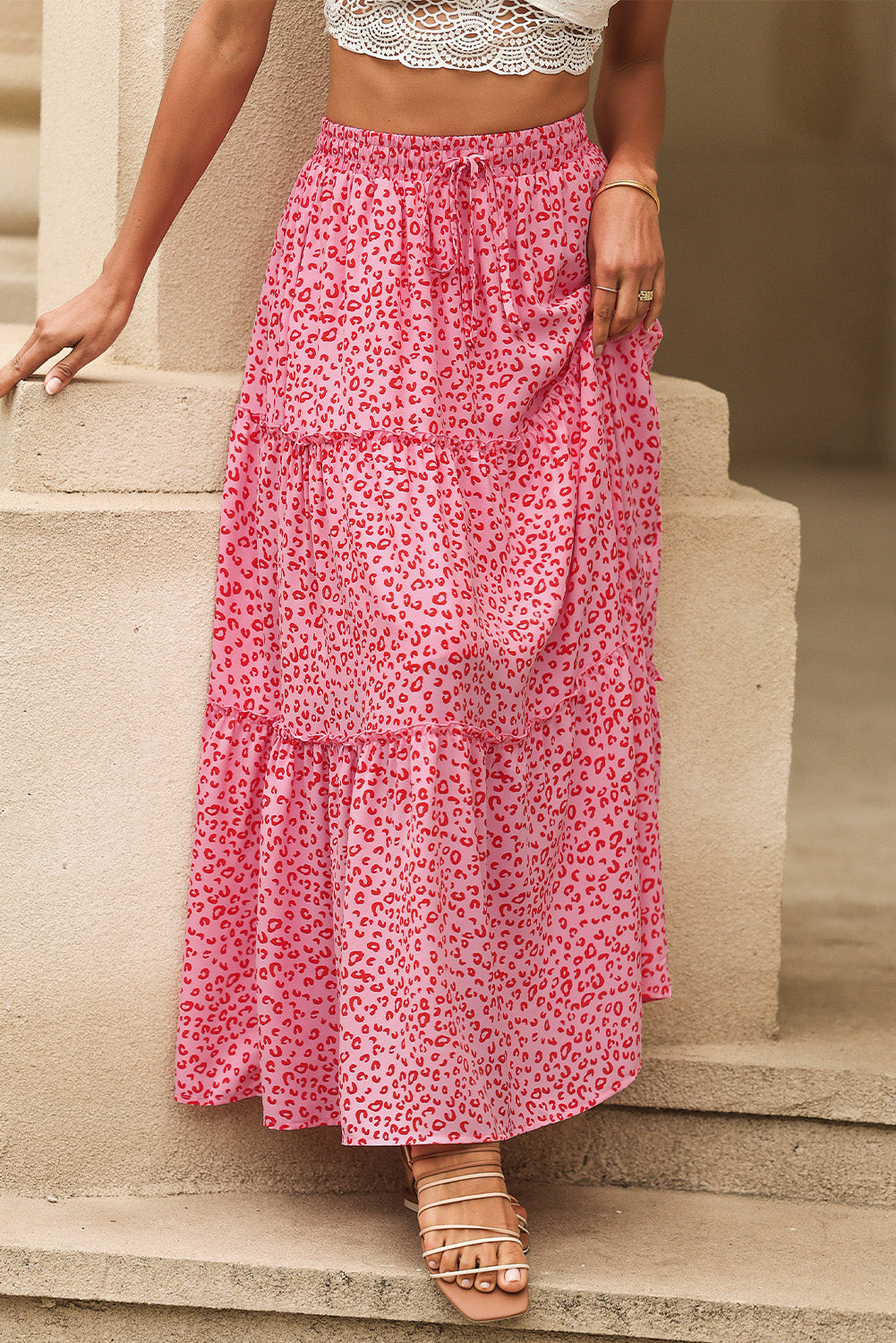 Pink Leopard Print Frilled Drawstring High Waist Maxi Skirt - LA Grand