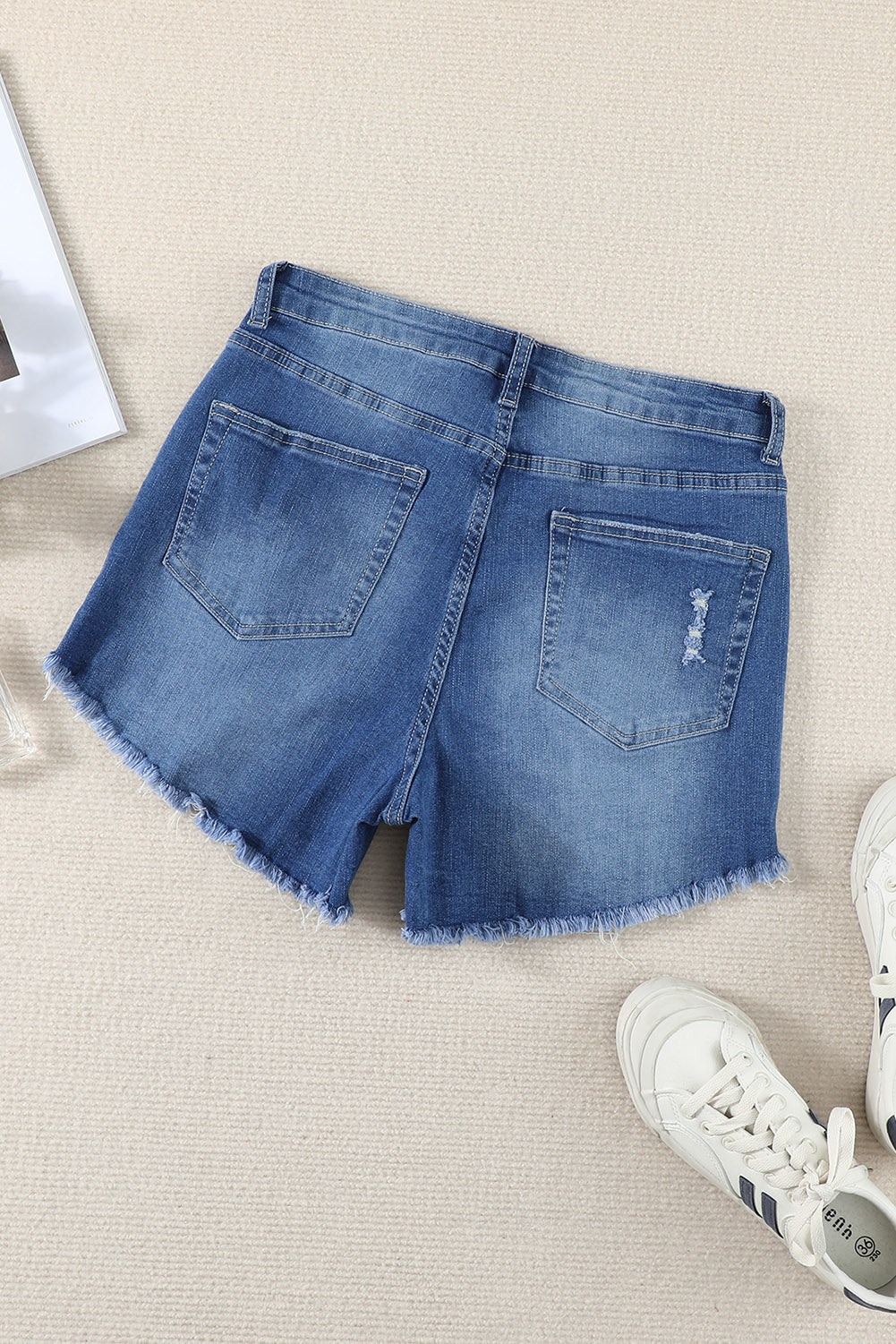 Light Blue Frayed Hem Denim Shorts - LA Grand