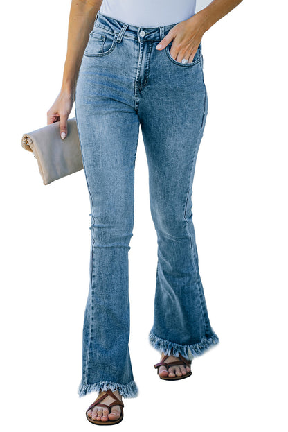 Medium Washed High Waist Flare Jeans with Raw Edges - LA Grand