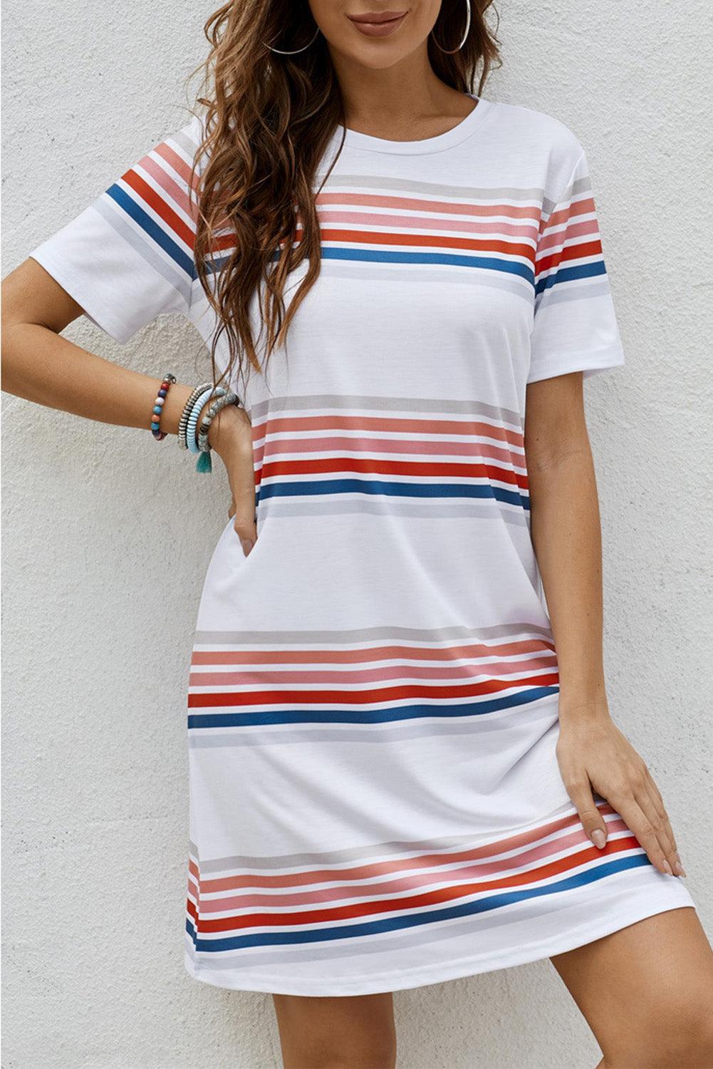 Striped Print Round Neck T-shirt Mini Dress - LA Grand