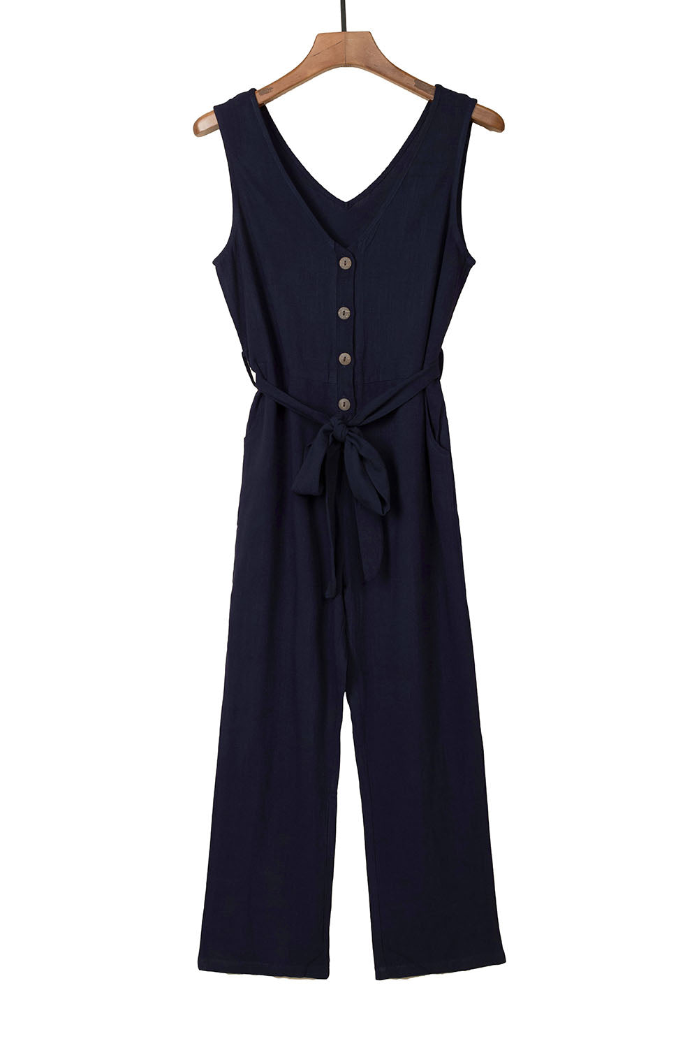 Black V Neck Button Belted Jumpsuit with Pockets - LA Grand