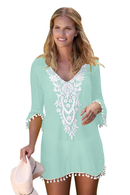 Black Crochet Pom Pom Trim Beach Tunic Cover up - LA Grand