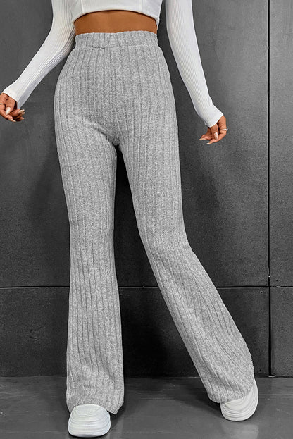 Gray Solid Color High Waist Ribbed Flare Pants - LA Grand