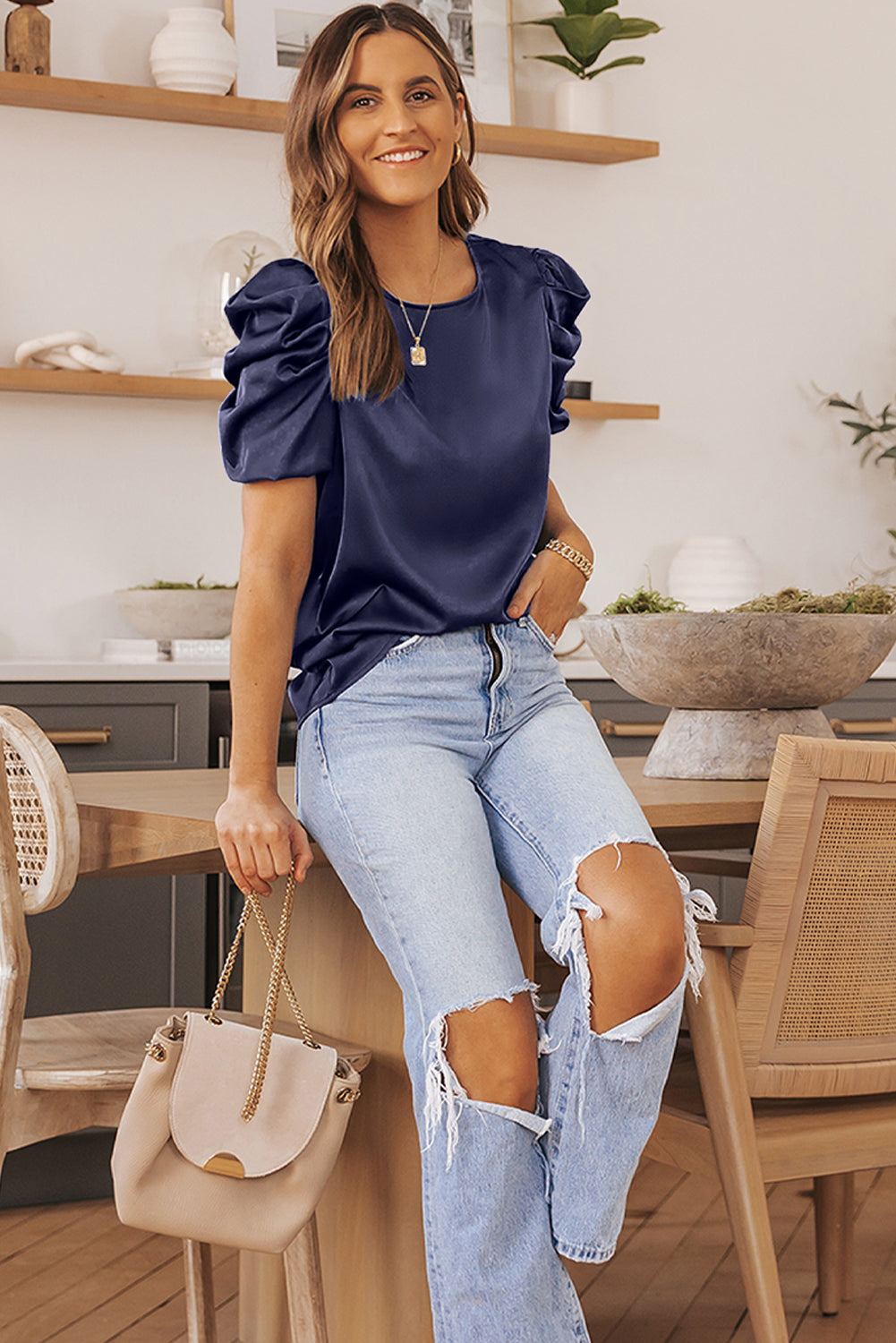 Dark Blue Ruched Puff Short Sleeve Satin Blouse - LA Grand