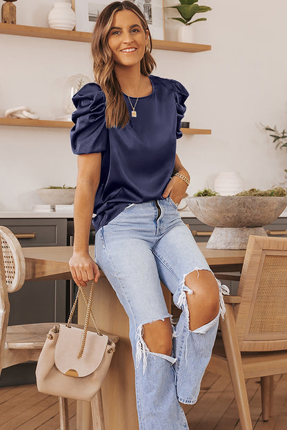 Dark Blue Ruched Puff Short Sleeve Satin Blouse - LA Grand