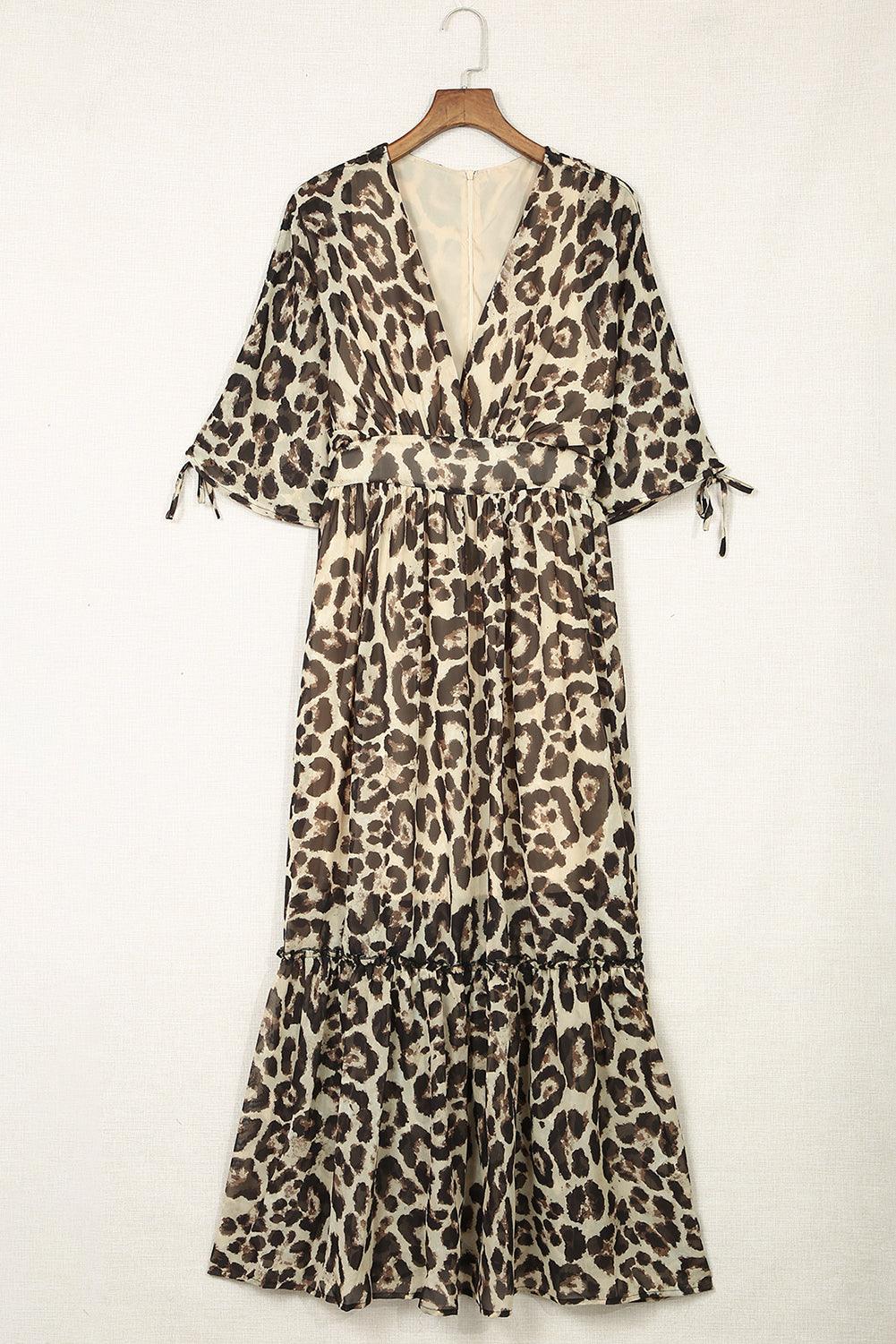 Elite Appeal: Leopard Print Drawstring V-Neck High Waist Long Dress - LA Grand