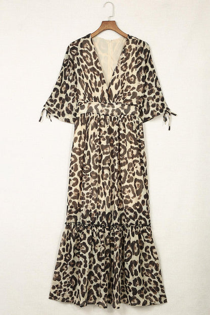 Elite Appeal: Leopard Print Drawstring V-Neck High Waist Long Dress - LA Grand