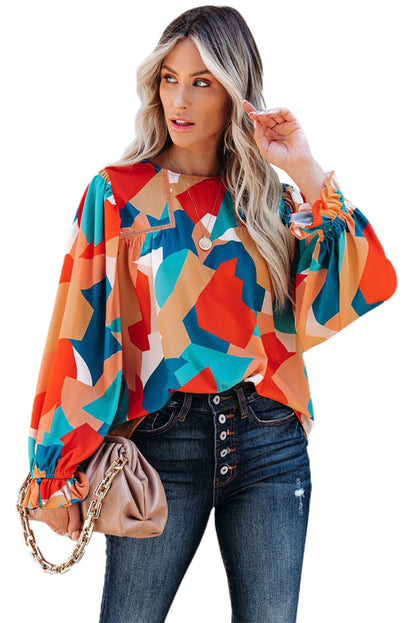 Abstract Pattern Crewneck Ruffled Puff Sleeve Blouse - LA Grand