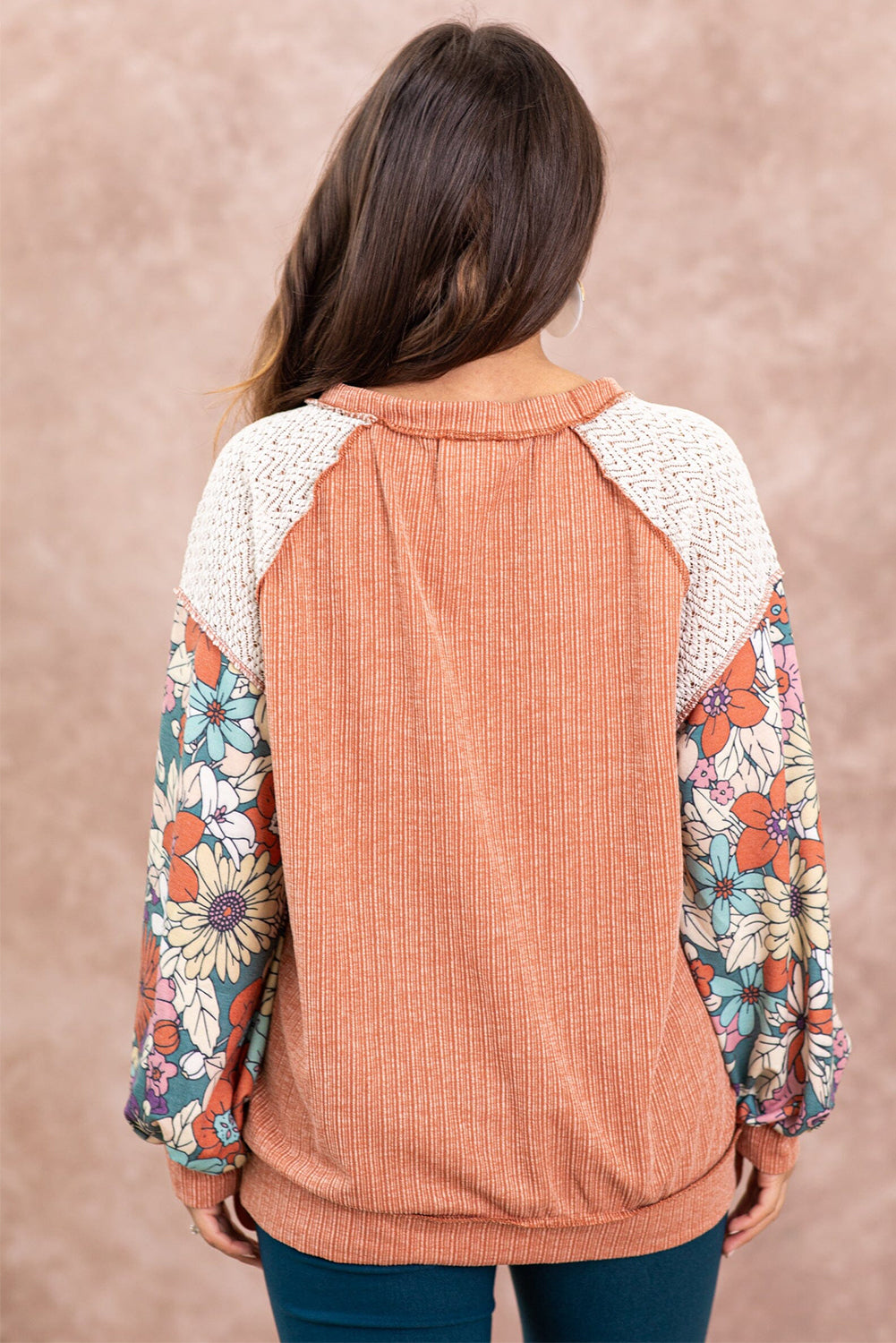 Rose Pink Floral Patchwork Puff Sleeve Textured Blouse - LA Grand