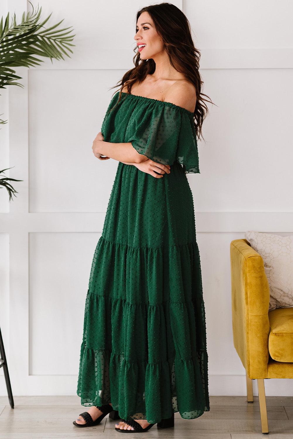 Verde Sunshine Off-Shoulder Swiss Dot Maxi Dress - LA Grand