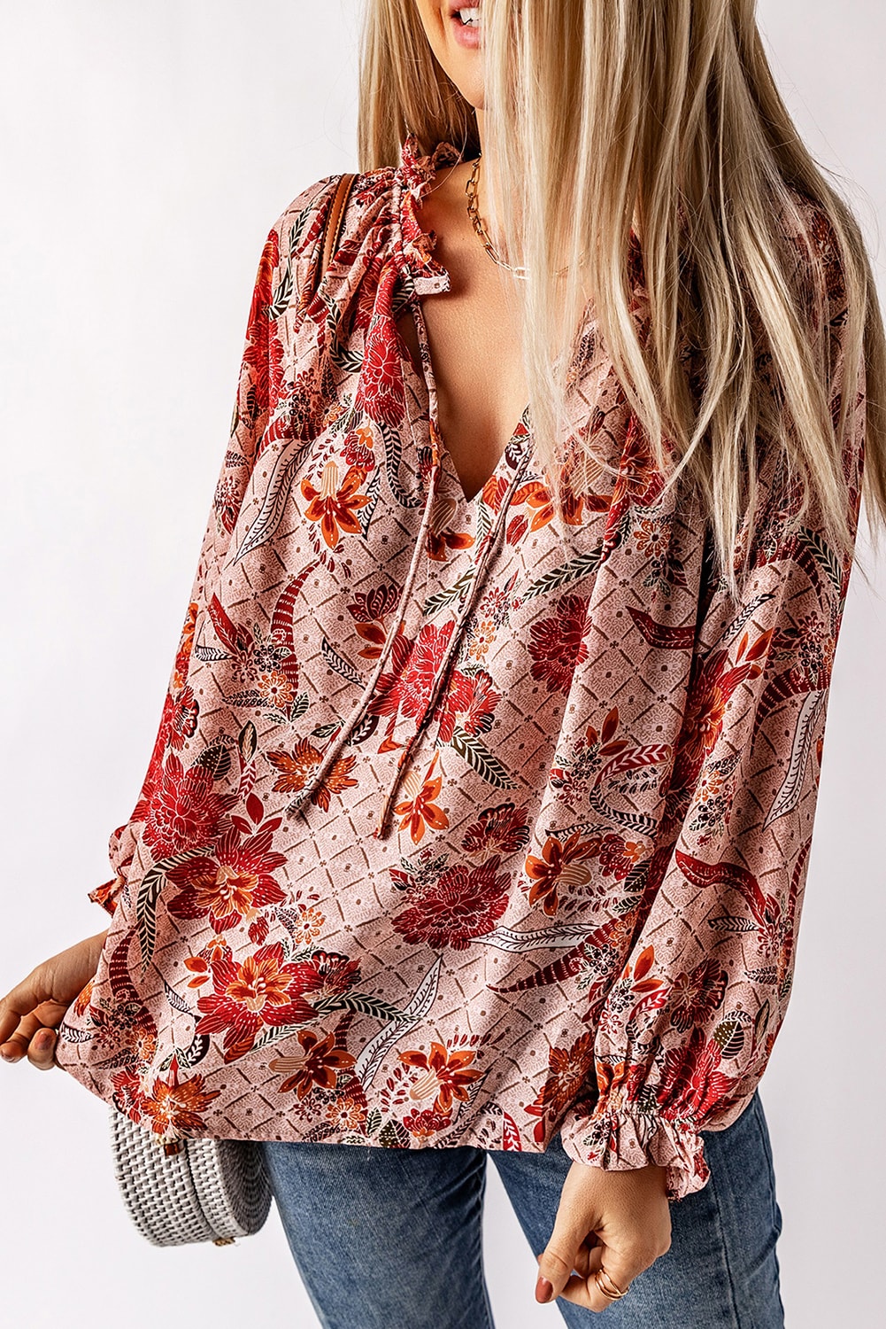 Pink Split V Neck Printed Blouse - LA Grand