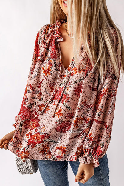 Pink Split V Neck Printed Blouse - LA Grand