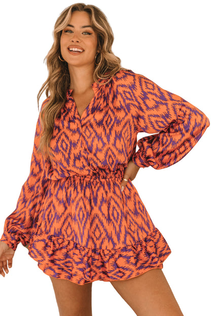 Orange Aztec Bubble Sleeve High Waist Romper - LA Grand