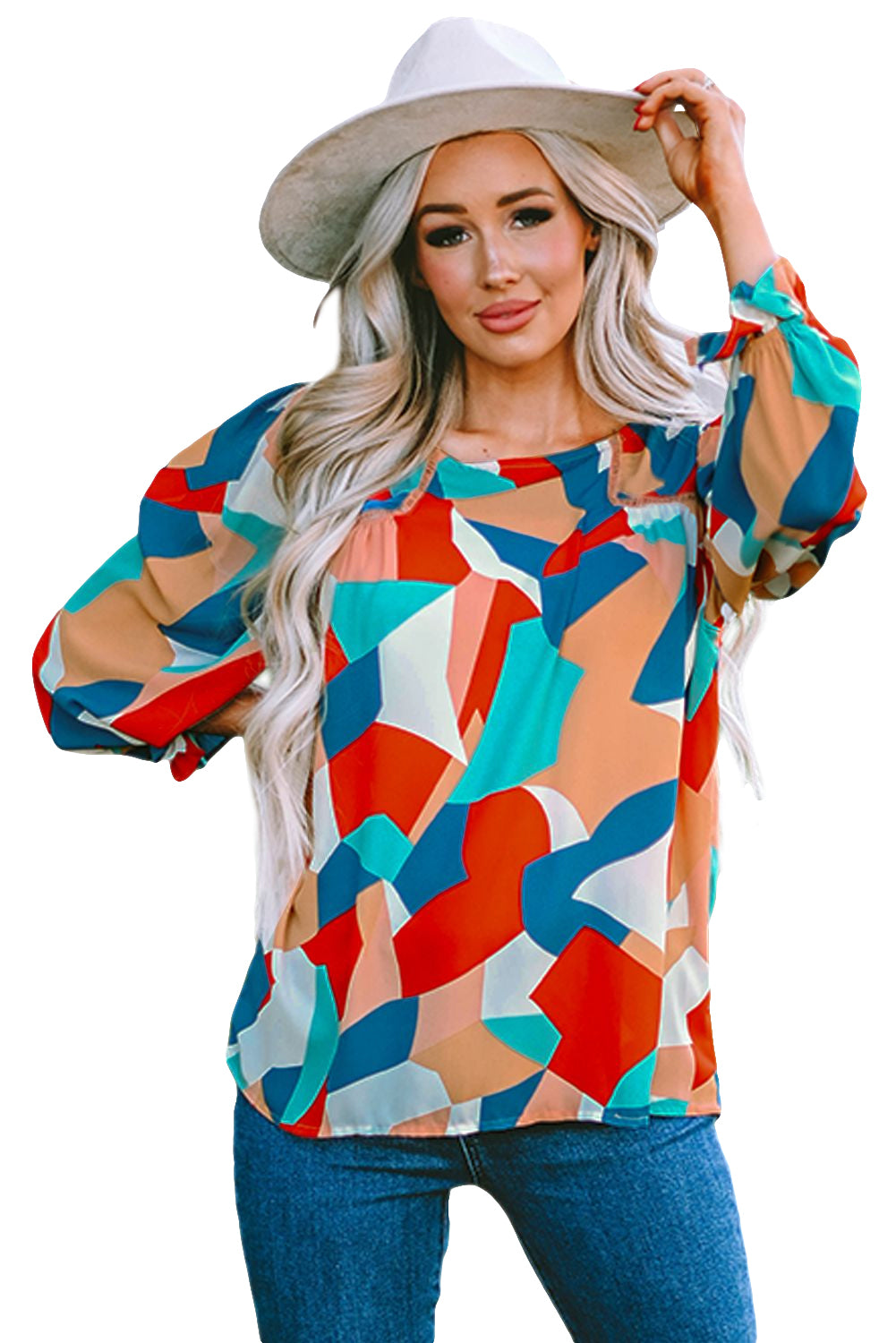 Abstract Pattern Crewneck Ruffled Puff Sleeve Blouse - LA Grand