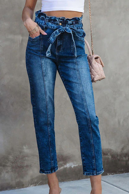 Blue Seamed Stitching High Waist Knot Skinny Jeans - LA Grand